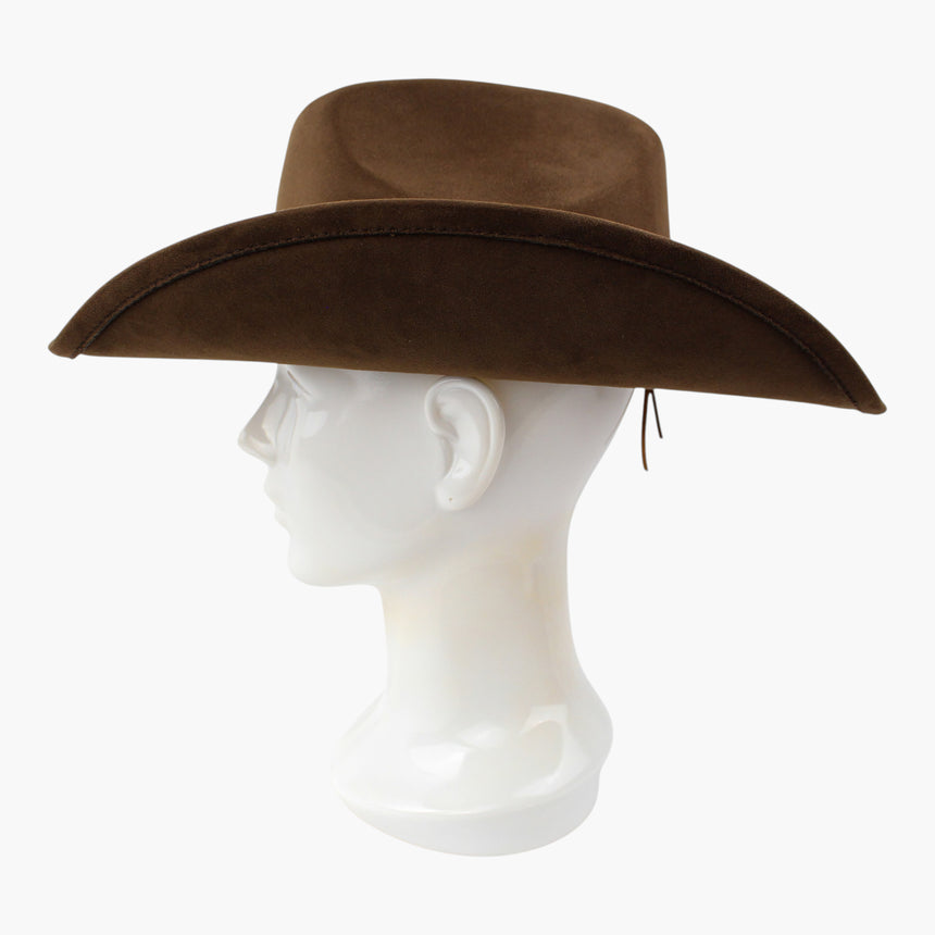 Chunk-Cabochon Faux-Suede Western hat, Chestnut colorway in profile showing the curled brim edge and its stitched trim