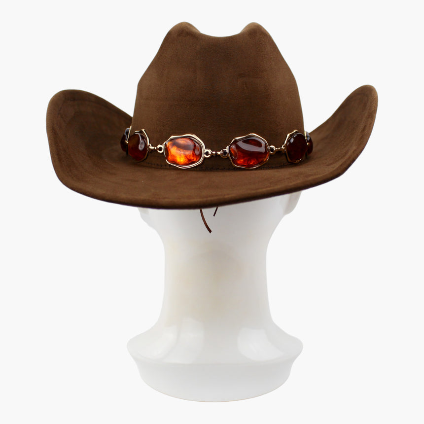 Chunk-Cabochon Faux-Suede Western hat, back view of the Chestnut colorway showing the cord tail dropping below the band