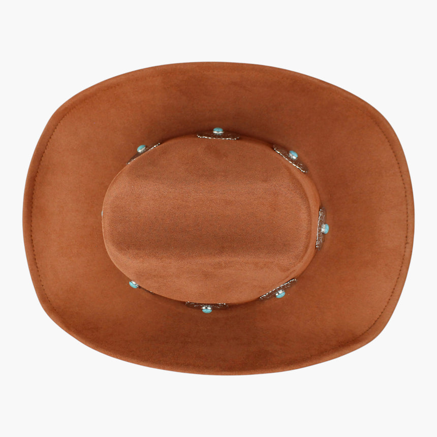 Concho-Belt Faux-Suede Western hat, seen from above showing the linked conchos ringing the crown base