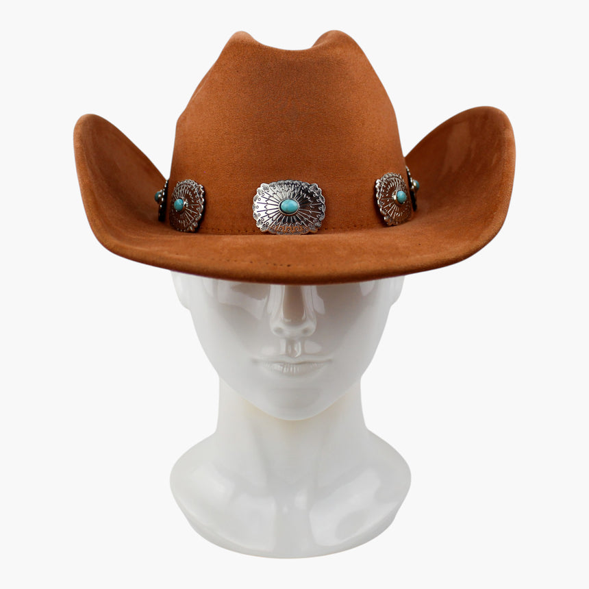 Concho-Belt Faux-Suede Western hat, front view showing the scalloped concho and its turquoise-dot center