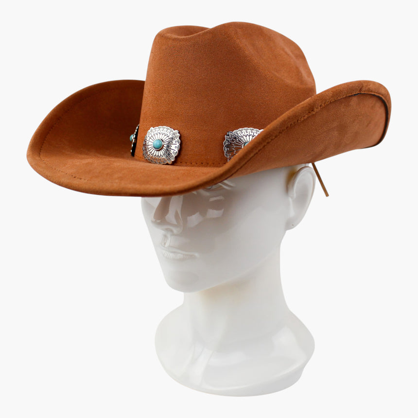 Concho-Belt Faux-Suede Western hat, at a three-quarter angle showing the small oval conchos between the large ones