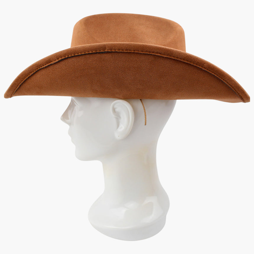 Concho-Belt Faux-Suede Western hat, in profile showing the wide sweep of the brim in silhouette