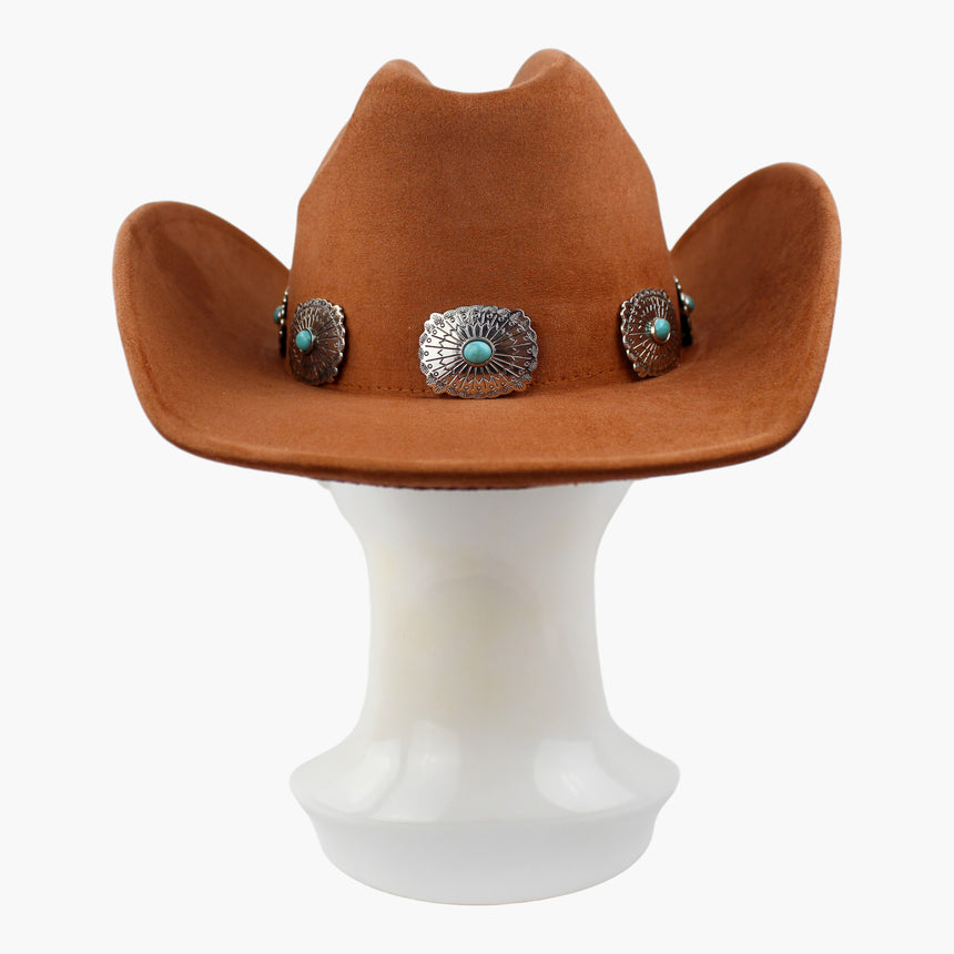 Concho-Belt Faux-Suede Western hat, back view showing the concho chain continuing around the crown