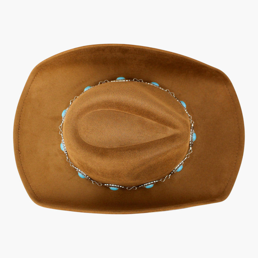 Concho-Chain Faux-Suede Western hat, seen from above showing the concho chain ringing the entire crown base