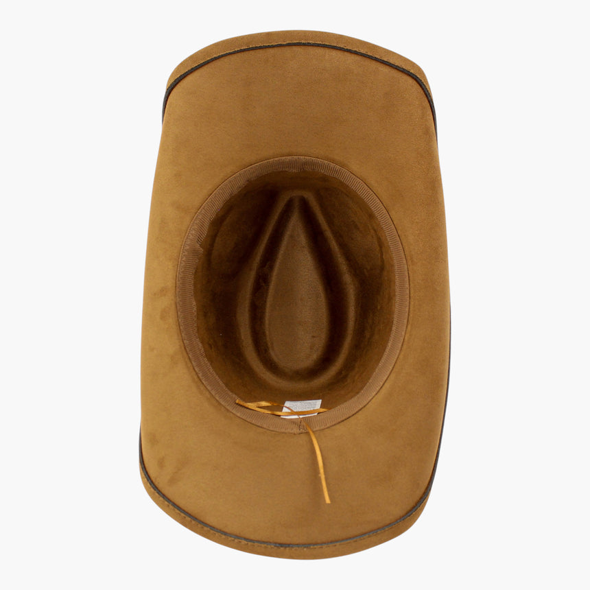 Concho-Chain Faux-Suede Western hat, underside showing the tan sweatband with the adjuster cord loose