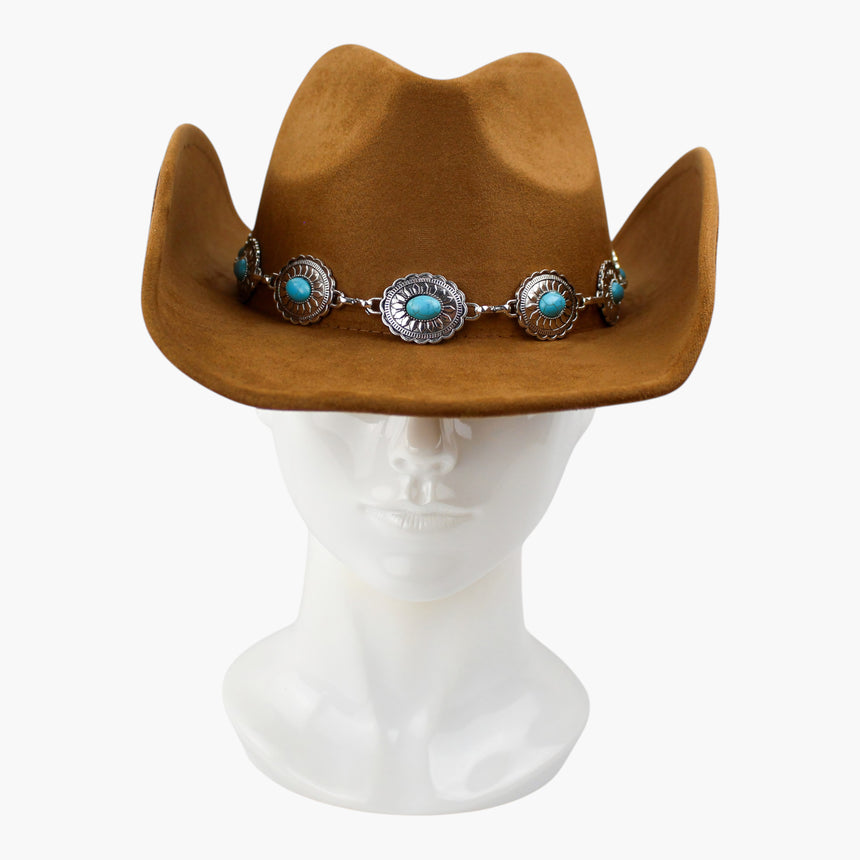 Concho-Chain Faux-Suede Western hat, front view showing the largest scalloped concho at the front of the chain