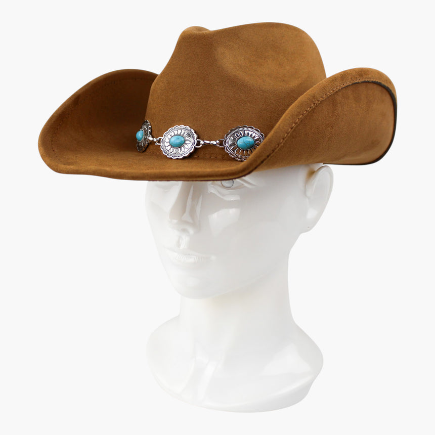 Concho-Chain Faux-Suede Western hat, at a three-quarter angle showing the bar links joining one concho to the next