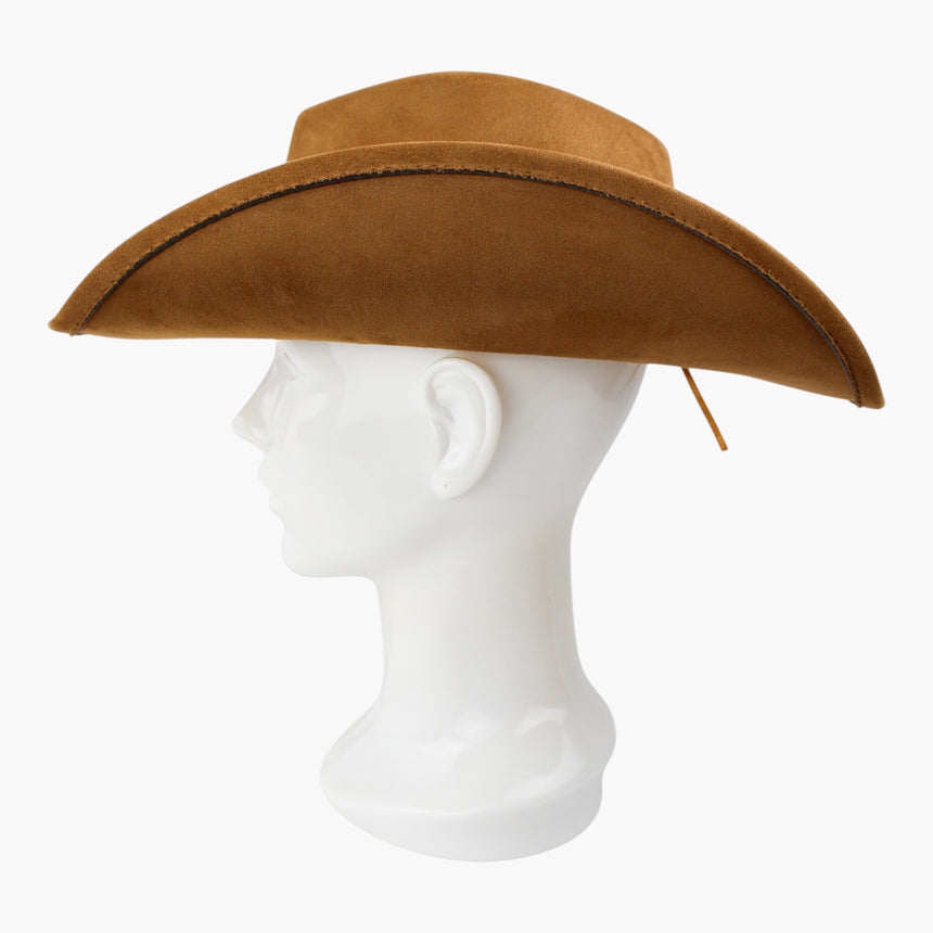 Concho-Chain Faux-Suede Western hat, in profile showing the upswept brim line with the chain behind it