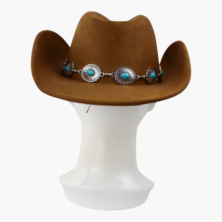 Concho-Chain Faux-Suede Western hat, back view showing the chain continuing unbroken around the back of the crown