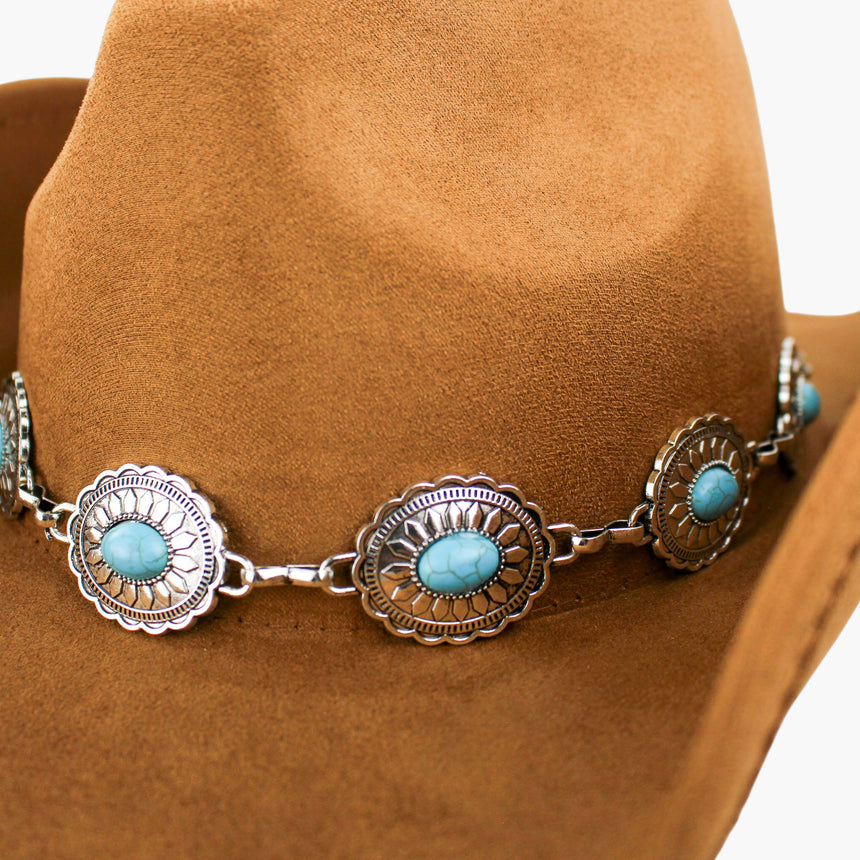 Concho-Chain Faux-Suede Western hat, in close-up showing a single stamped sunburst concho and its turquoise-tone cabochon