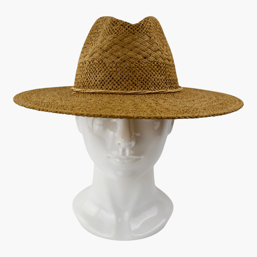 Cord-Bow Straw Fedora hat, front view of the Tan colorway showing the tight-plait crown above the openwork brim