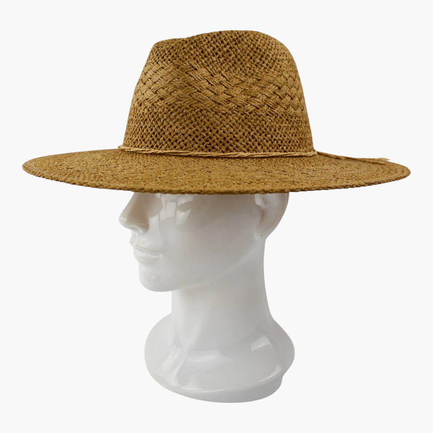 Cord-Bow Straw Fedora hat, Tan colorway at a three-quarter angle showing the twisted cord bow ends past the crown