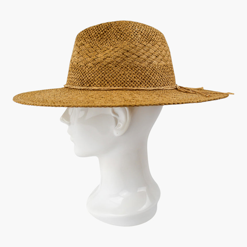 Cord-Bow Straw Fedora hat, Tan colorway in profile showing the long loose cord tails hanging across the brim