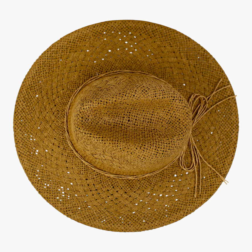 Cord-Bow Straw Fedora hat, Tan colorway seen from above showing the tight-plait crown top set against the openwork brim