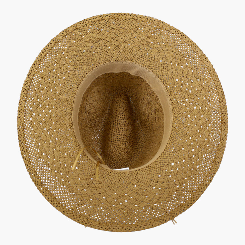 Cord-Bow Straw Fedora hat, underside of the Tan colorway showing the open lace holes through the brim and the sweatband ring