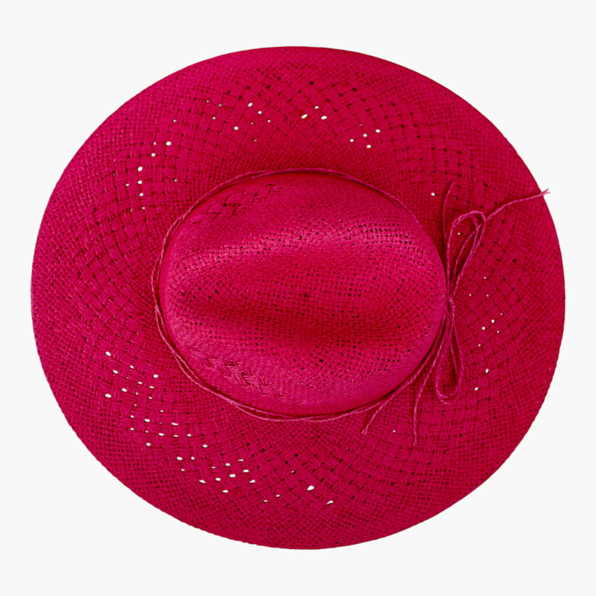 Cord-Bow Straw Fedora hat, Fuchsia colorway seen from above showing the slim bow loop sitting at the crown base