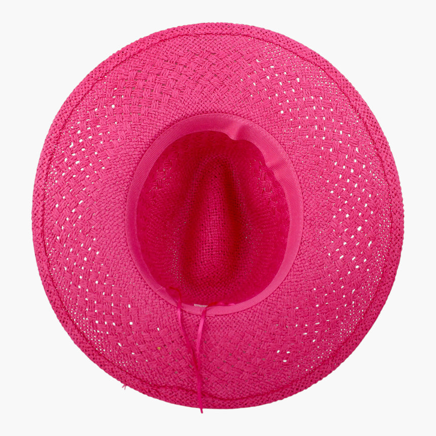 Cord-Bow Straw Fedora hat, underside of the Fuchsia colorway showing the sweatband ring and the adjuster cord at the back