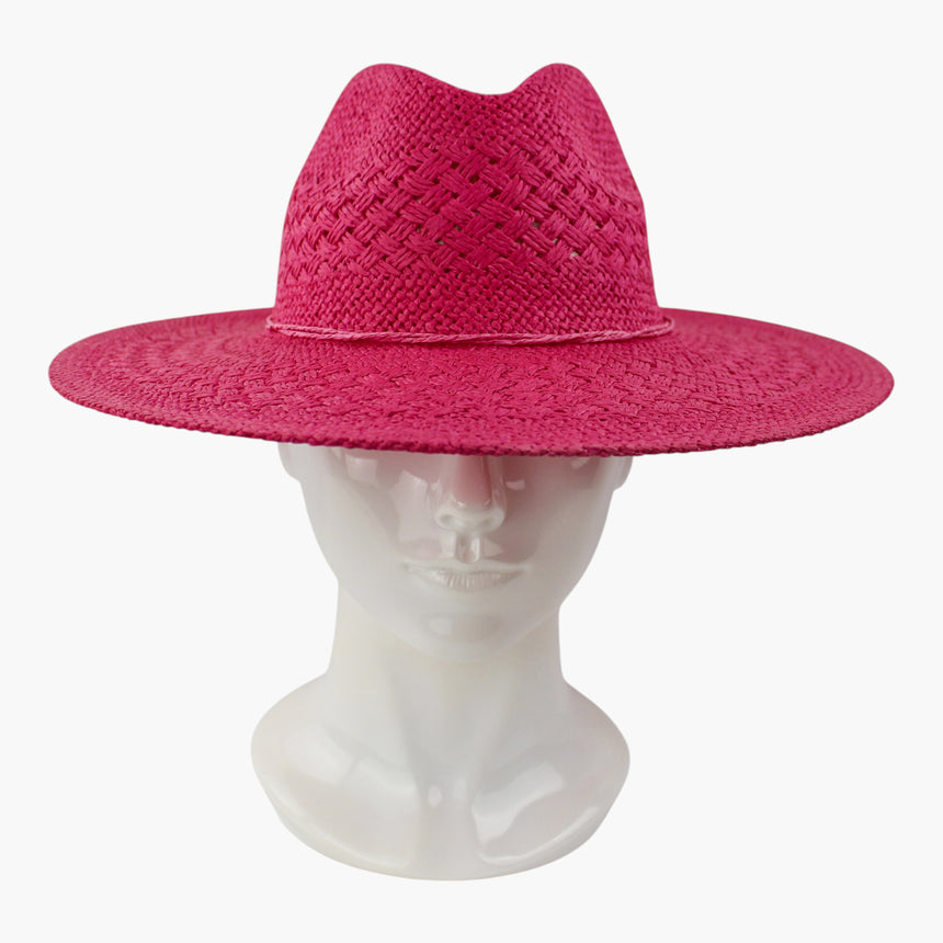 Cord-Bow Straw Fedora hat, front view of the Fuchsia colorway showing the pinch-front crease above the plaited crown