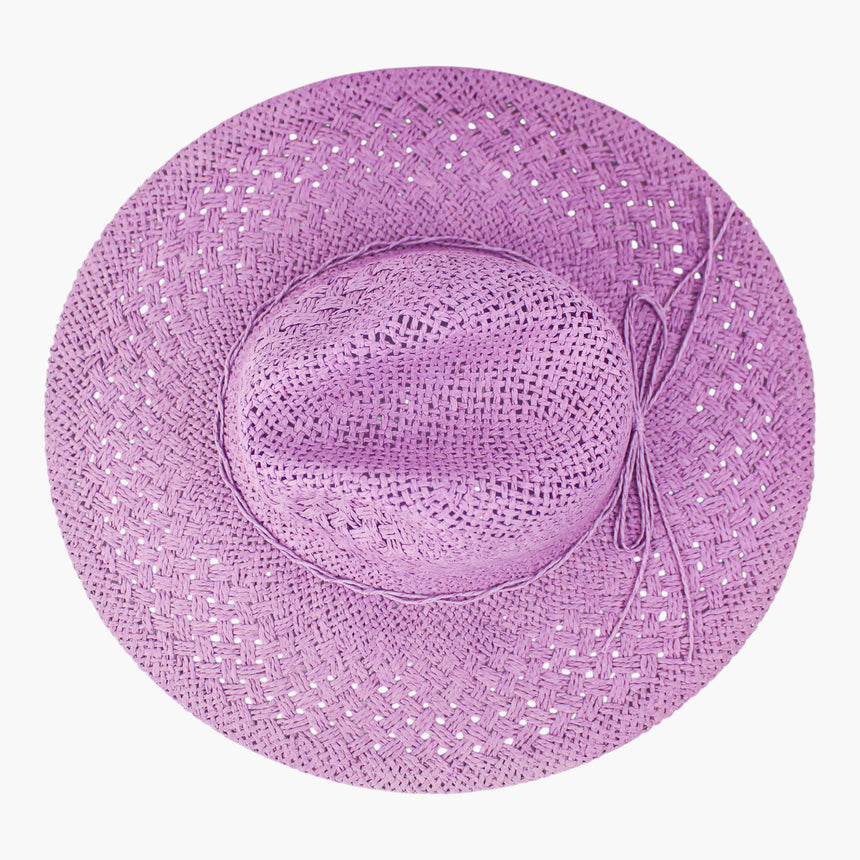 Cord-Bow Straw Fedora hat, Purple colorway seen from above showing the bow twin loops and tails across the brim