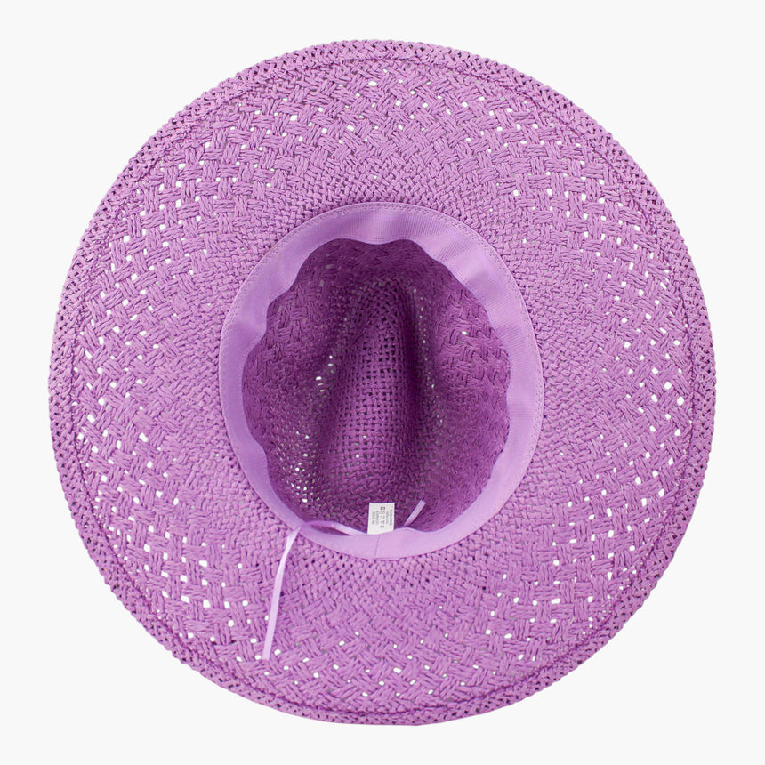 Cord-Bow Straw Fedora hat, underside of the Purple colorway showing the sweatband ring and its stitched-in label