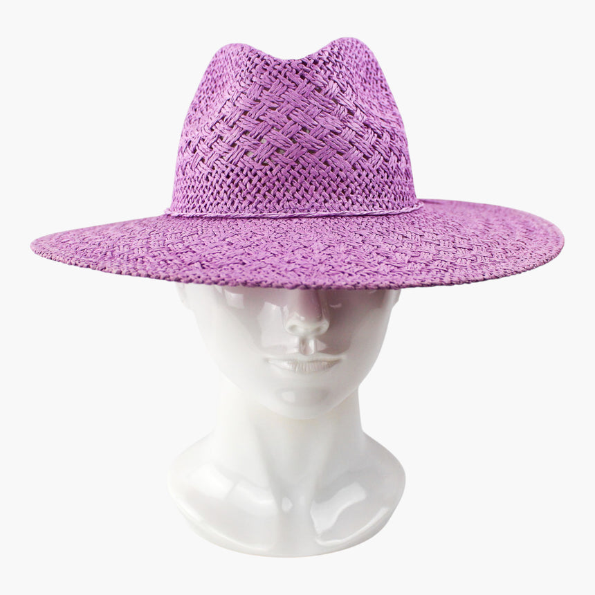 Cord-Bow Straw Fedora hat, front view of the Purple colorway showing the plaited crown front above the laced brim