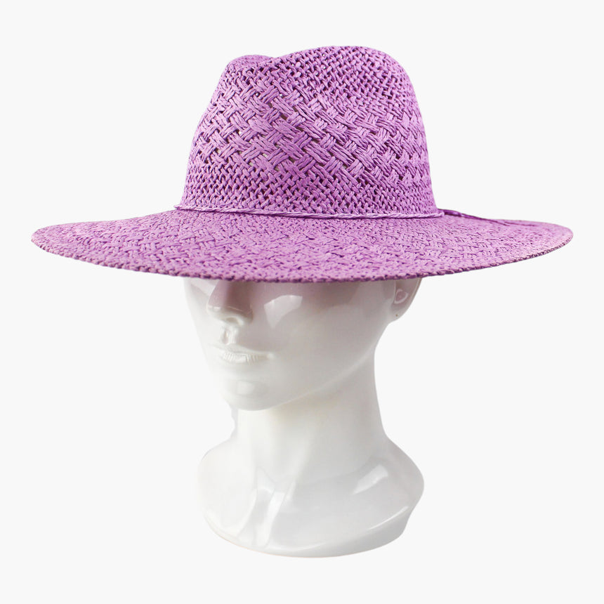 Cord-Bow Straw Fedora hat, Purple colorway at a three-quarter angle showing the cord circling toward the bow at the back