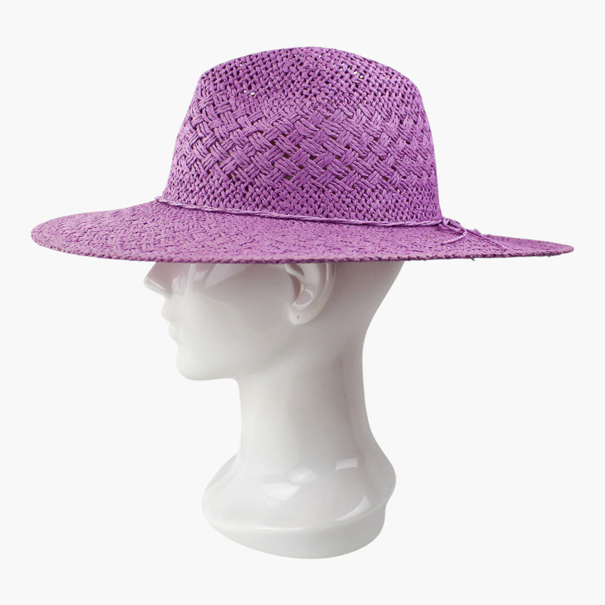 Cord-Bow Straw Fedora hat, Purple colorway in profile showing the cord knot sitting just above the brim line