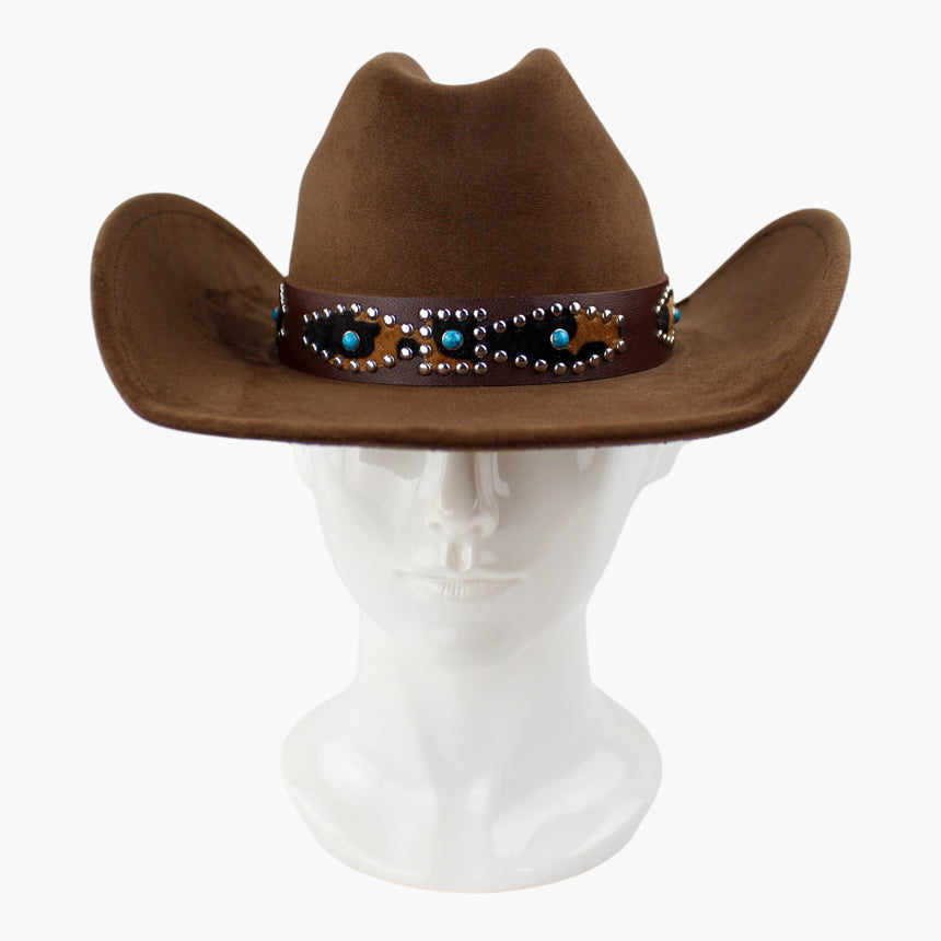 Cow-Print-Inlay Faux-Suede Western hat, front view of the Chocolate colorway showing the cow-print panels outlined in studs