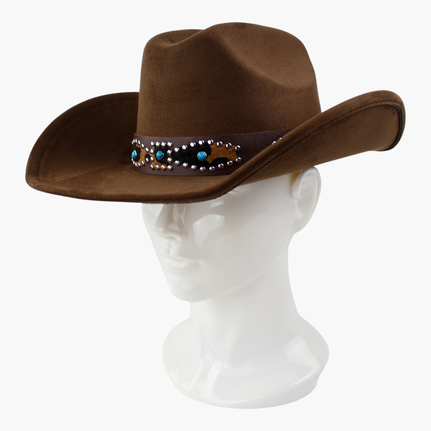 Cow-Print-Inlay Faux-Suede Western hat, Chocolate colorway at a three-quarter angle showing a turquoise-tone cabochon inset