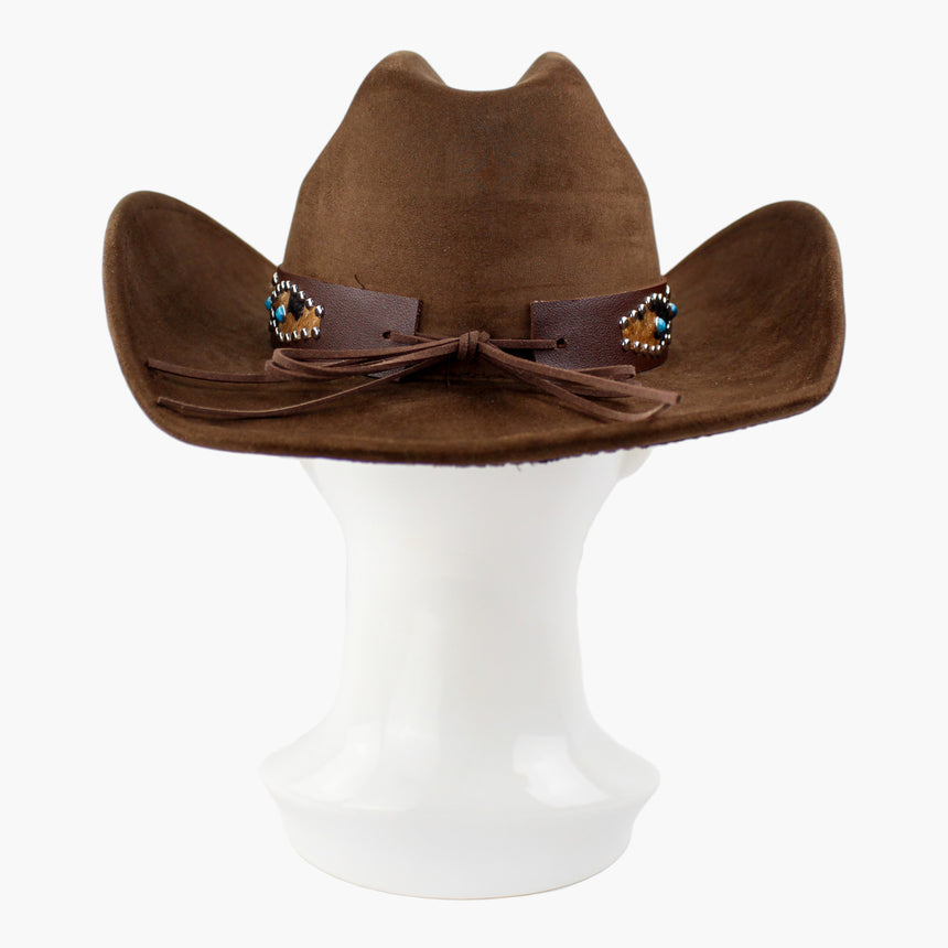 Cow-Print-Inlay Faux-Suede Western hat, back view of the Chocolate colorway showing the dark cord ties knotted at the back