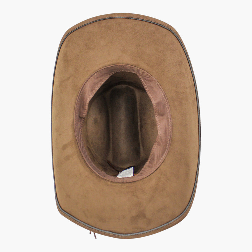 Cow-Print-Inlay Faux-Suede Western hat, underside of the Chocolate colorway showing the sweatband ring with the care label