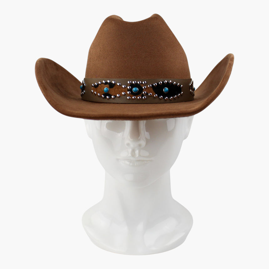 Cow-Print-Inlay Faux-Suede Western hat, front view of the Caramel colorway showing the panels on an olive-taupe band base