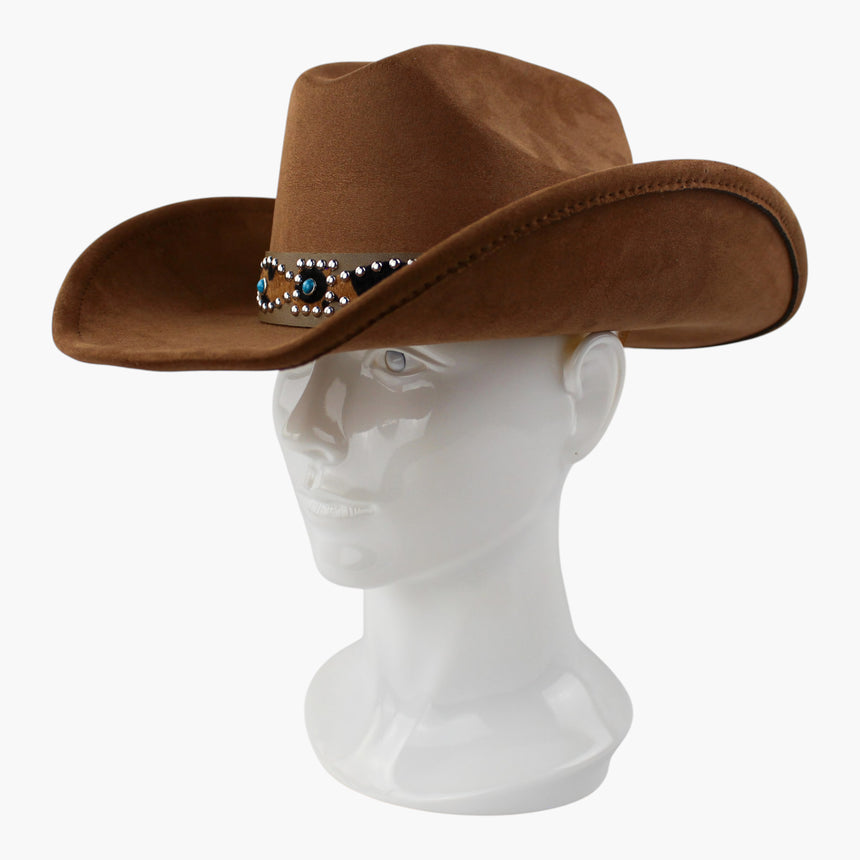 Cow-Print-Inlay Faux-Suede Western hat, Caramel colorway at a three-quarter angle showing the stitched edge of the brim