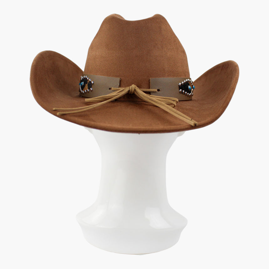 Cow-Print-Inlay Faux-Suede Western hat, back view of the Caramel colorway showing the tan cord ties bowed at the back