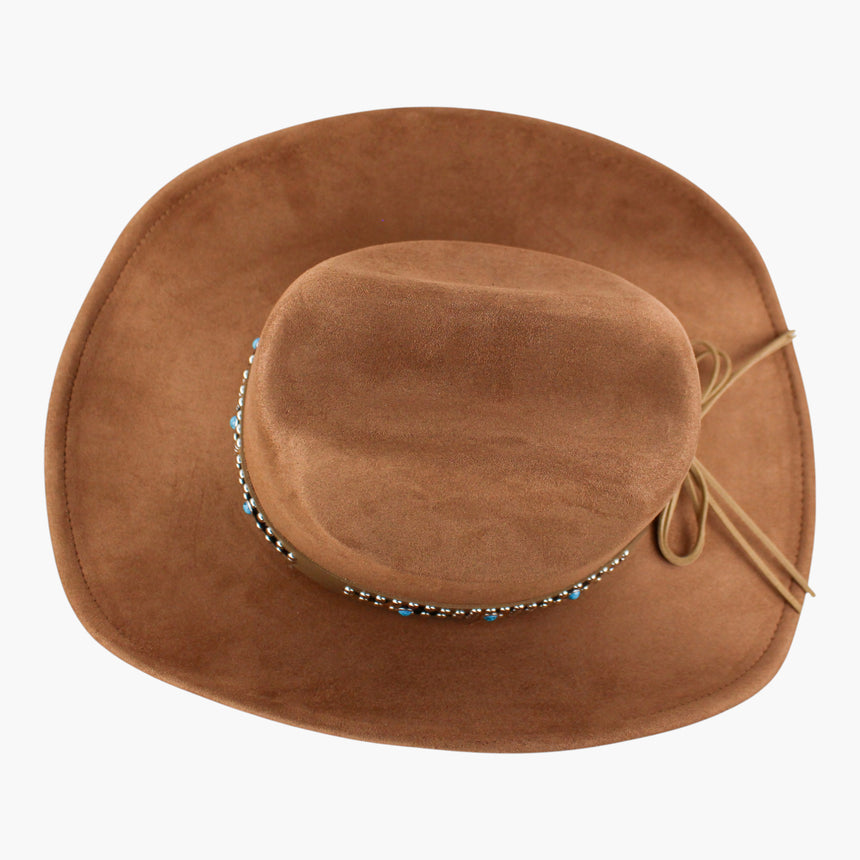 Cow-Print-Inlay Faux-Suede Western hat, Caramel colorway seen from above showing the turquoise-tone cabochons around the band