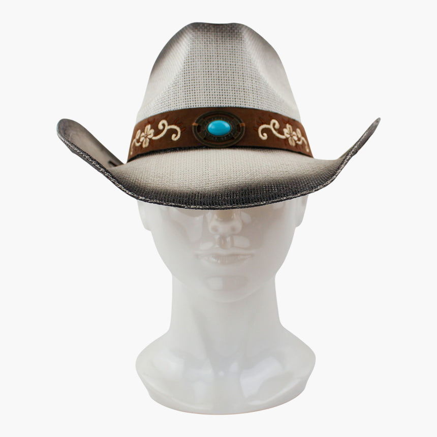Cream-Floral Straw Western hat, front view showing the round bronze-tone concho at the band front