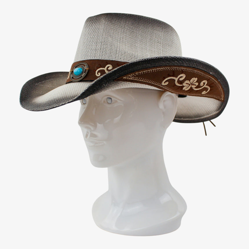 Cream-Floral Straw Western hat, at a three-quarter angle showing the cream flower-and-scroll embroidery