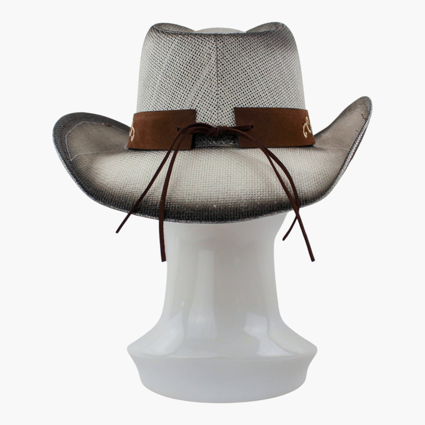 Cream-Floral Straw Western hat, back view showing the band ends laced with a faux-suede tie bow