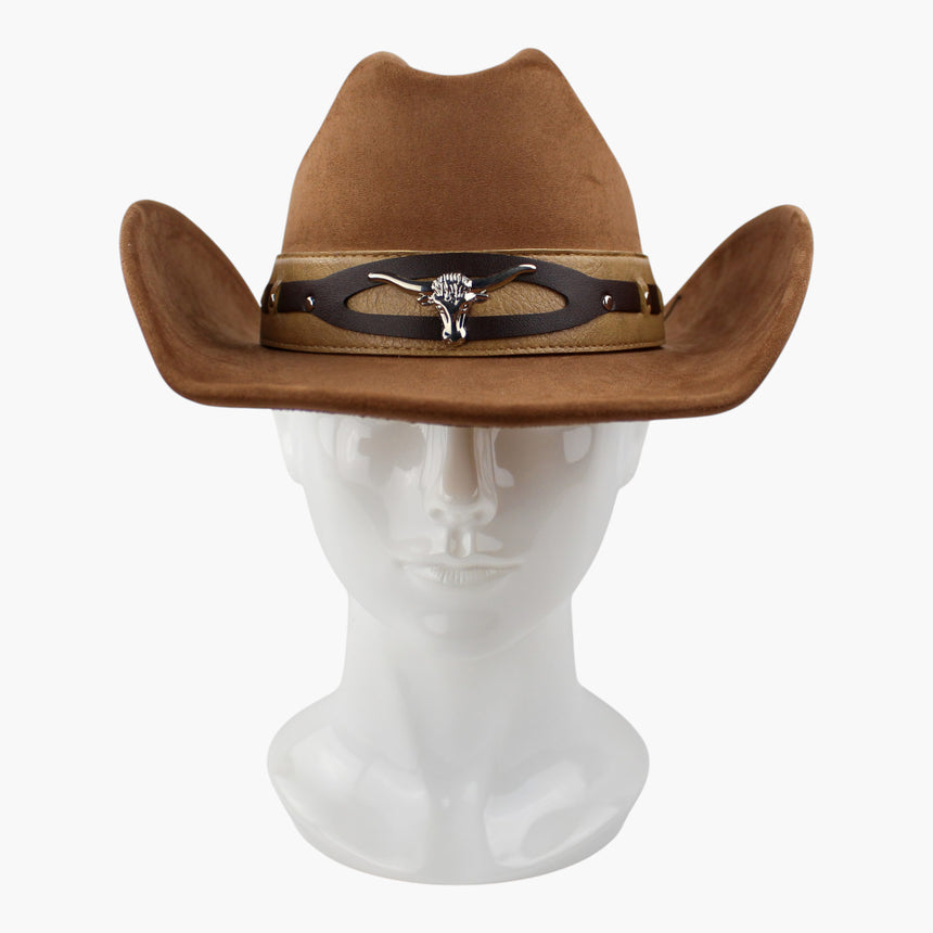 Cut-Out-Overlay Faux-Suede Western hat, front view of the Chestnut colorway showing the longhorn bridging the cut-out opening