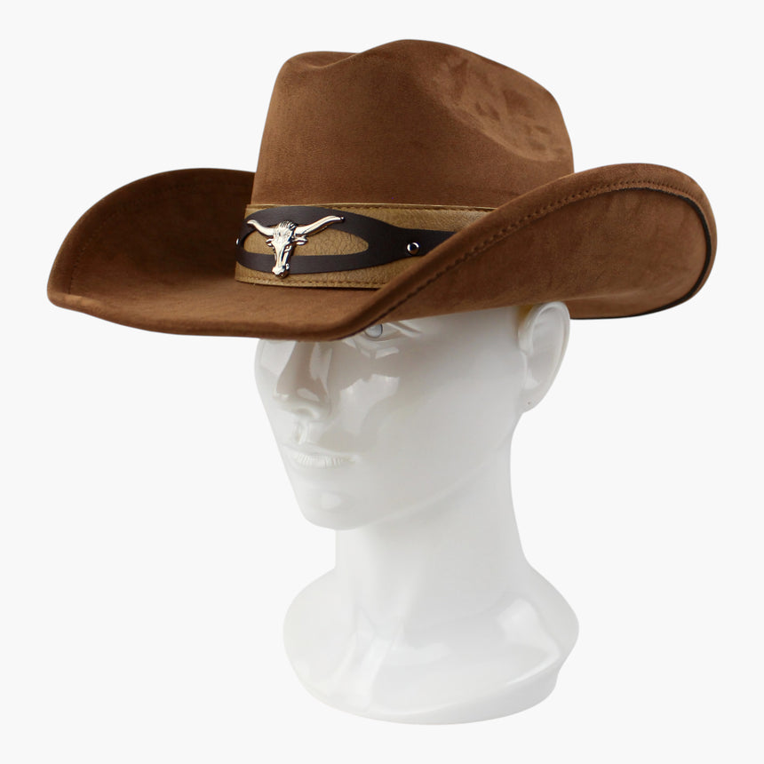 Cut-Out-Overlay Faux-Suede Western hat, Chestnut colorway at a three-quarter angle showing the dark overlay on the tan strip