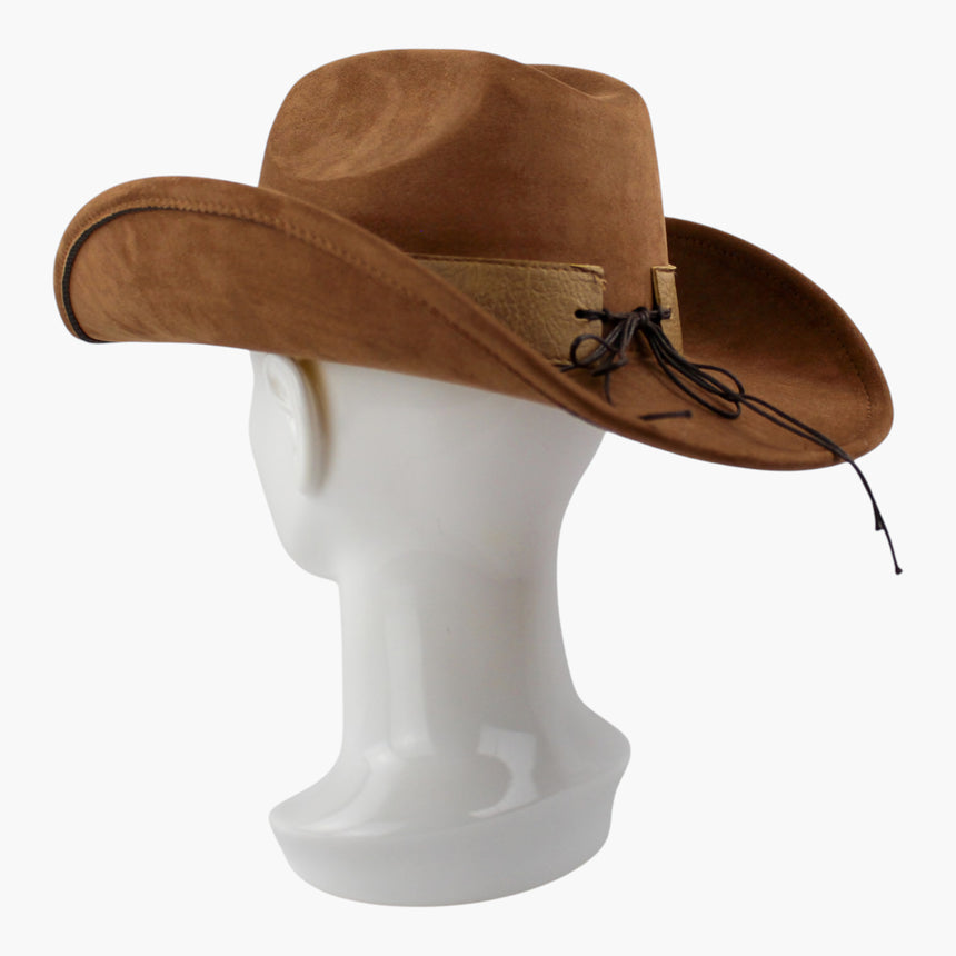 Cut-Out-Overlay Faux-Suede Western hat, Chestnut colorway at a rear three-quarter angle showing the tie cords knotted behind