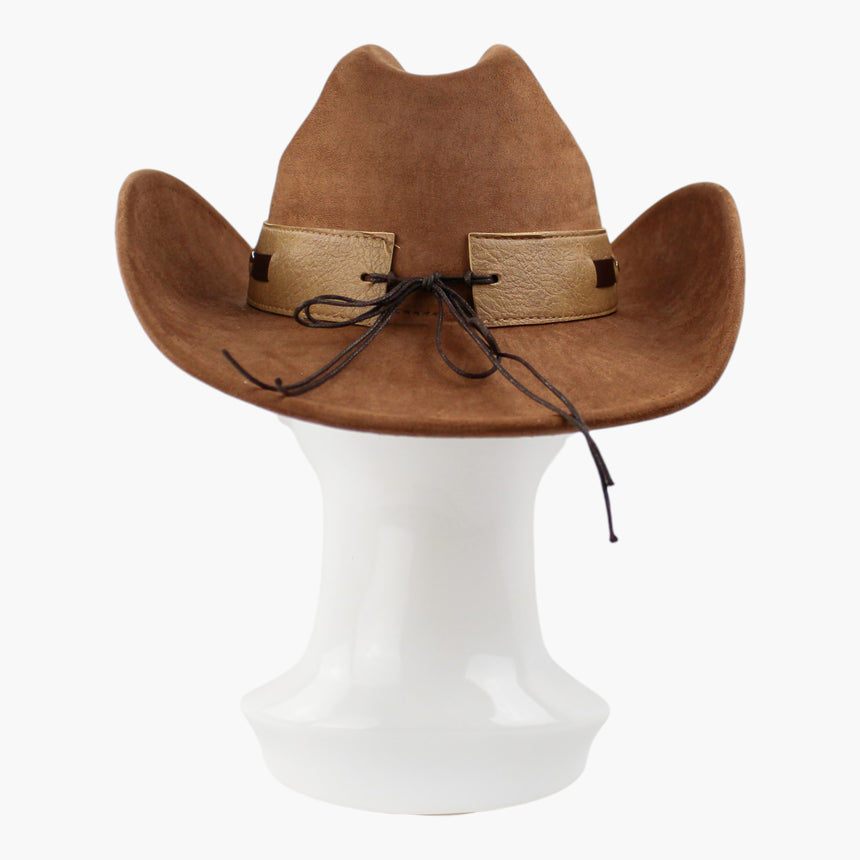 Cut-Out-Overlay Faux-Suede Western hat, back view of the Chestnut colorway showing the two band ends laced by the tie bow
