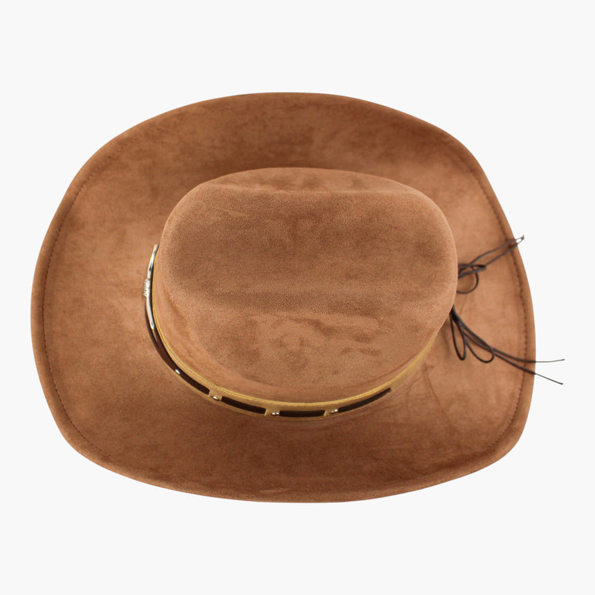 Cut-Out-Overlay Faux-Suede Western hat, Chestnut colorway seen from above showing the cut-out openings around the crown base