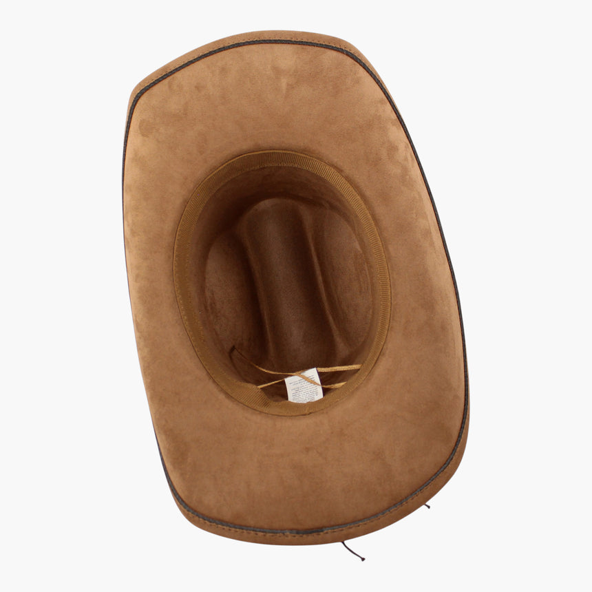 Cut-Out-Overlay Faux-Suede Western hat, underside of the Chestnut colorway showing the sweatband ring and its cord