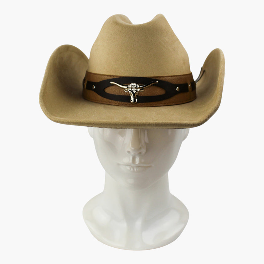 Cut-Out-Overlay Faux-Suede Western hat, front view of the Sand colorway showing the warm gold-tone longhorn centerpiece