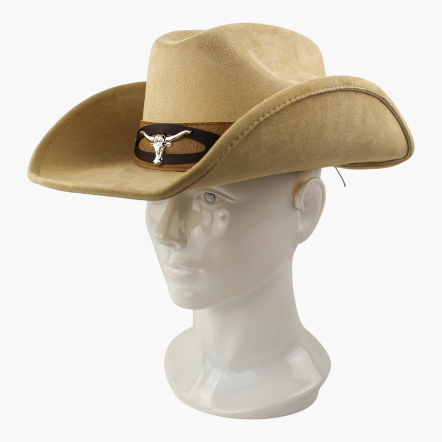 Cut-Out-Overlay Faux-Suede Western hat, Sand colorway at a three-quarter angle showing the cut-out oval framing the tan strip