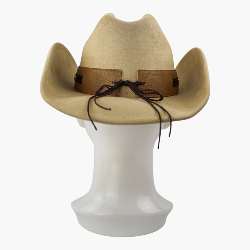 Cut-Out-Overlay Faux-Suede Western hat, back view of the Sand colorway showing the plain tan band ends and the bowed cord tie