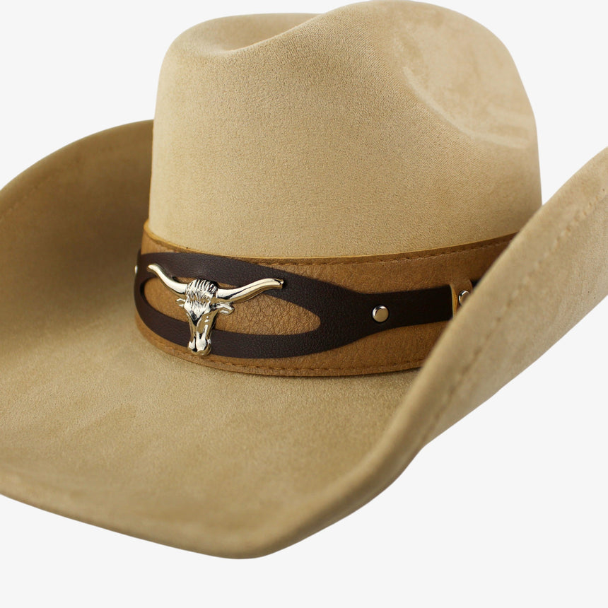 Cut-Out-Overlay Faux-Suede Western hat, Sand colorway in close-up showing the gold-tone longhorn seated over the cut-out oval