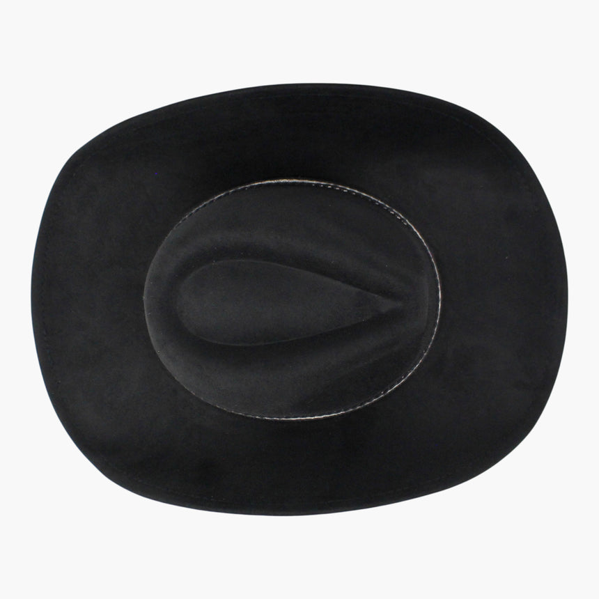 Diamond-Jacquard Faux-Suede Western hat, Black colorway seen from above showing the single center crease down the crown