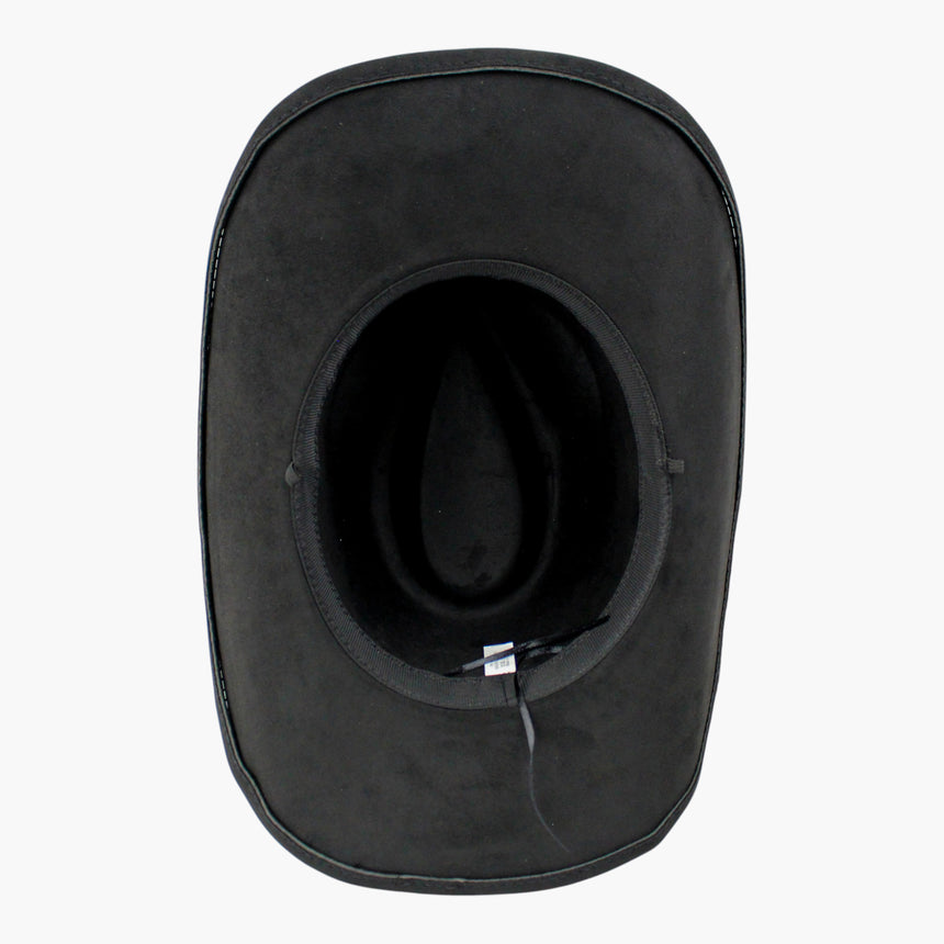 Diamond-Jacquard Faux-Suede Western hat, underside of the Black colorway showing the sweatband and its hanging adjuster cord
